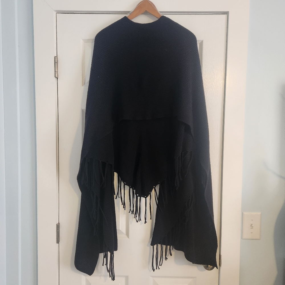 Chico's black wrap, shawl, sweater, cape, with fringe, Size L/XL - Picture 2 of 6